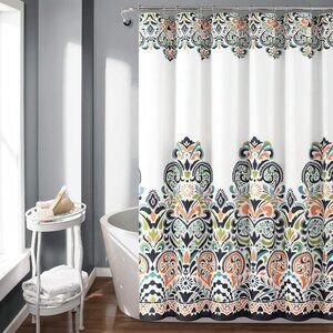 Boho Bohemian Moroccan Design Navy Orange Fabric Luxe Shower Curtain NEW PACKAGE
